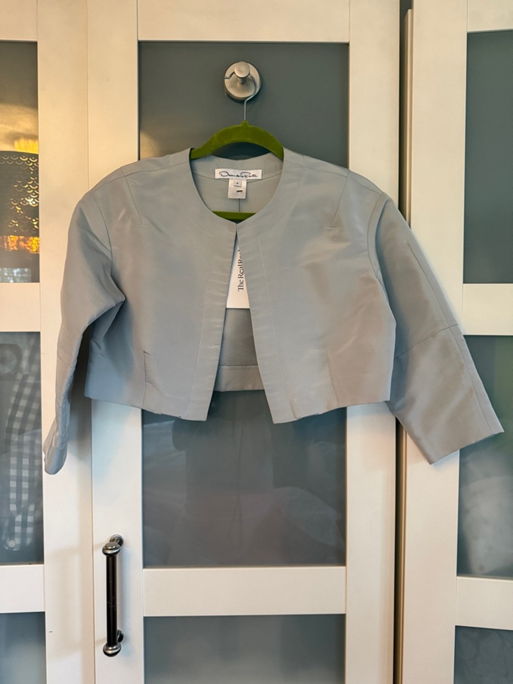Oscar de la Renta Light Blue Gray Collarless Cropped Bolero Jacket 8